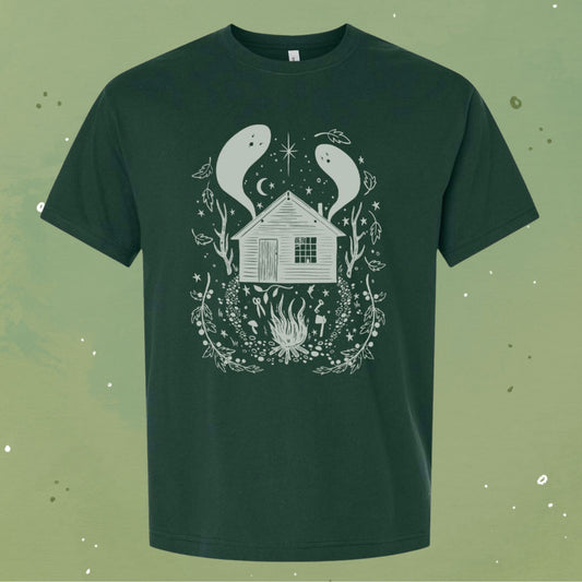 Haunted Cabin Tee-Forest Green