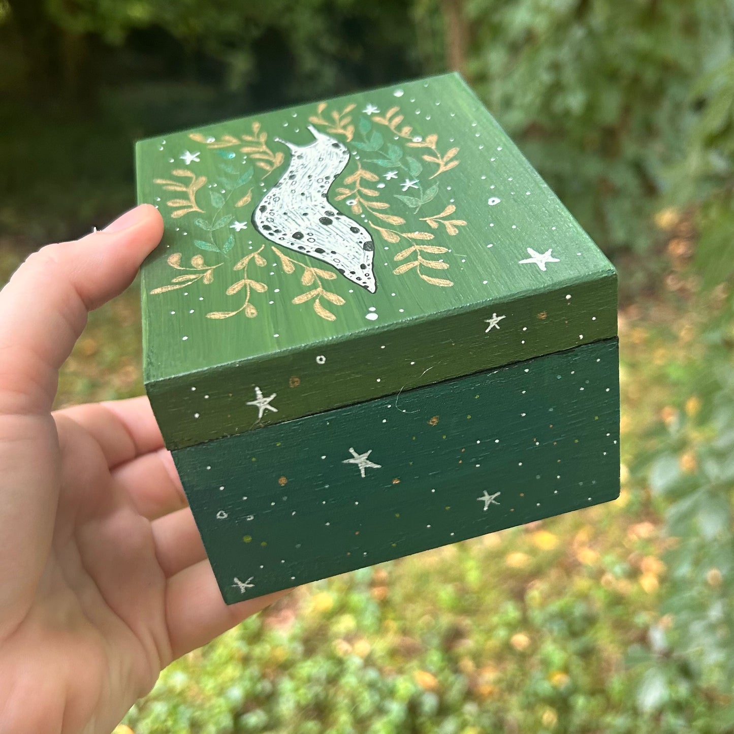 Handpainted Slug Box (Green and Gold Leaves)