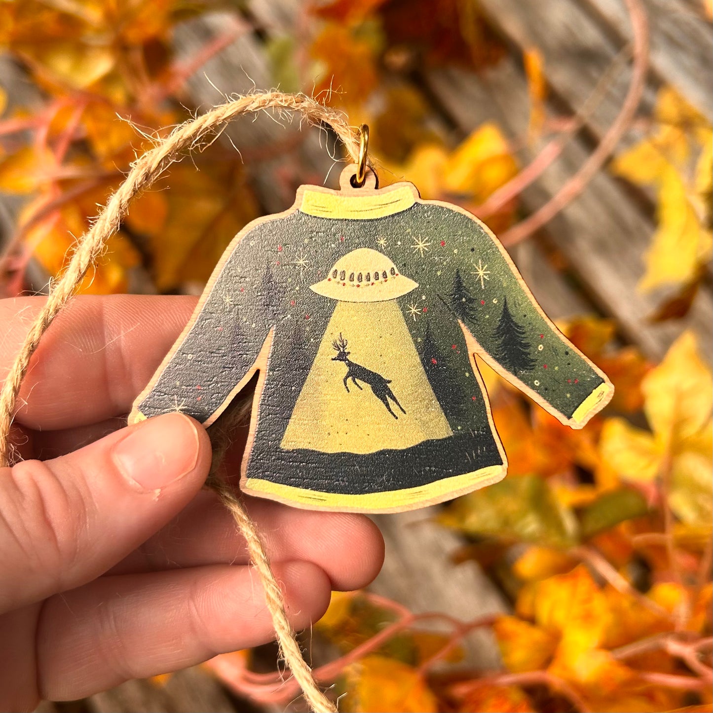 Wooden UFO Sweater Ornament