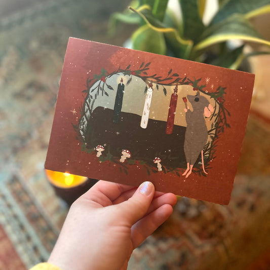 Charming Holiday Card: Adorable Mouse Lighting Yule Log Candles