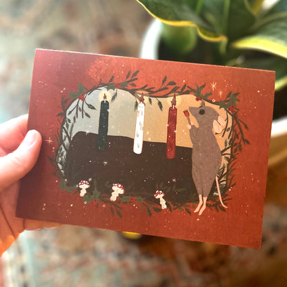 Charming Holiday Card: Adorable Mouse Lighting Yule Log Candles
