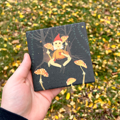 Whimsical Mushroom Gnome Ceramic Coaster