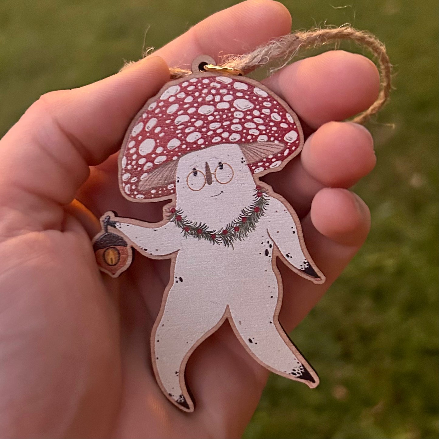 Wooden Mushroom Wanderer Ornament