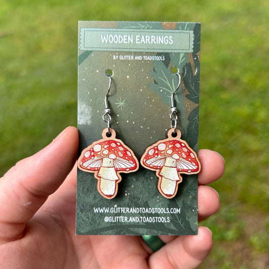 Amanita Muscaria Mushroom Wooden Dangle Earrings