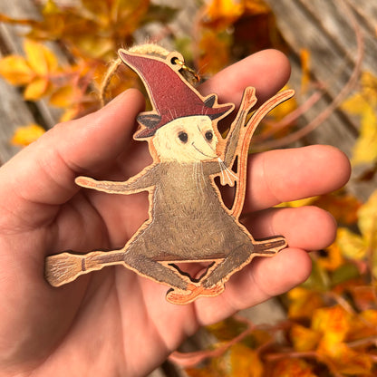 Wooden Witch Possum Ornament