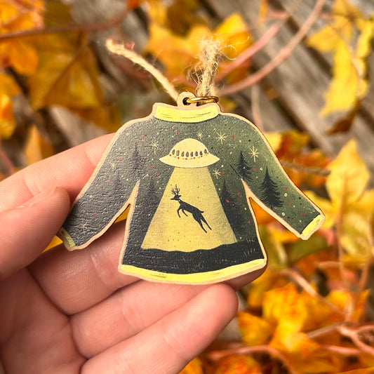 Wooden UFO Sweater Ornament