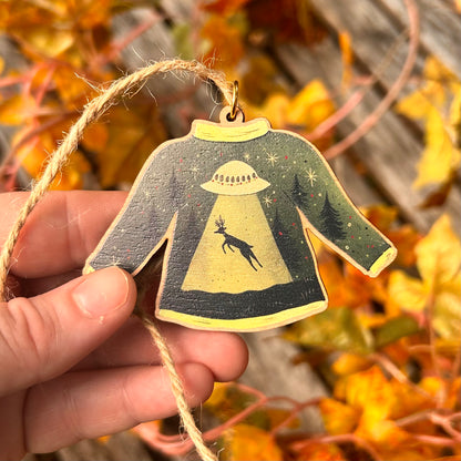 Wooden UFO Sweater Ornament