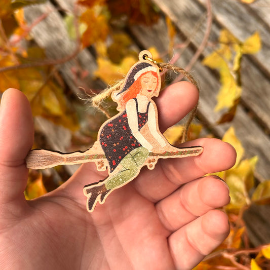 Wooden Christmas Witch Ornament