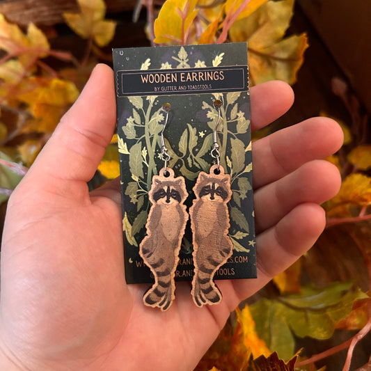 Wooden Raccoon Earrings